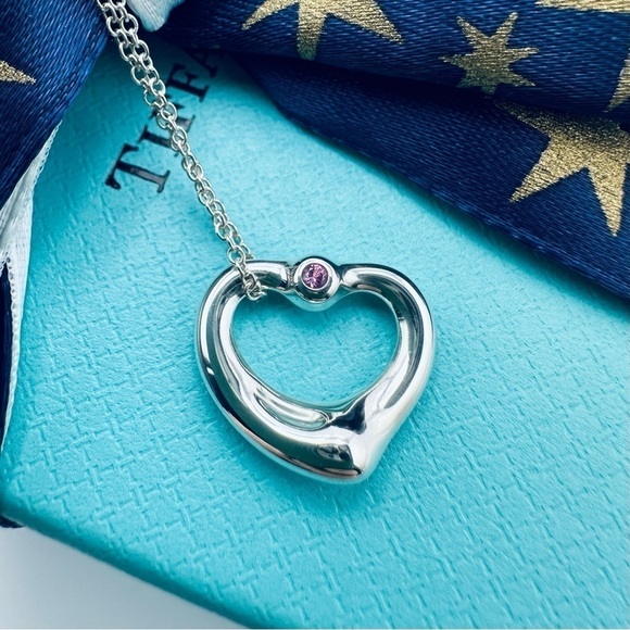 Tiffany & Co. PINK SAPPHIRE Small Open Heart Necklace with PACKAGING - Picture 1 of 8